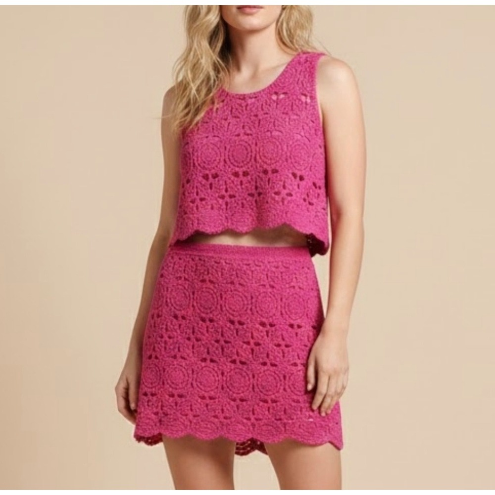 NWT Caroline Constas Pink Crochet Two-Piece Skirt Set Sleeveless Fuchsia Pink M - Picture 2 of 14
